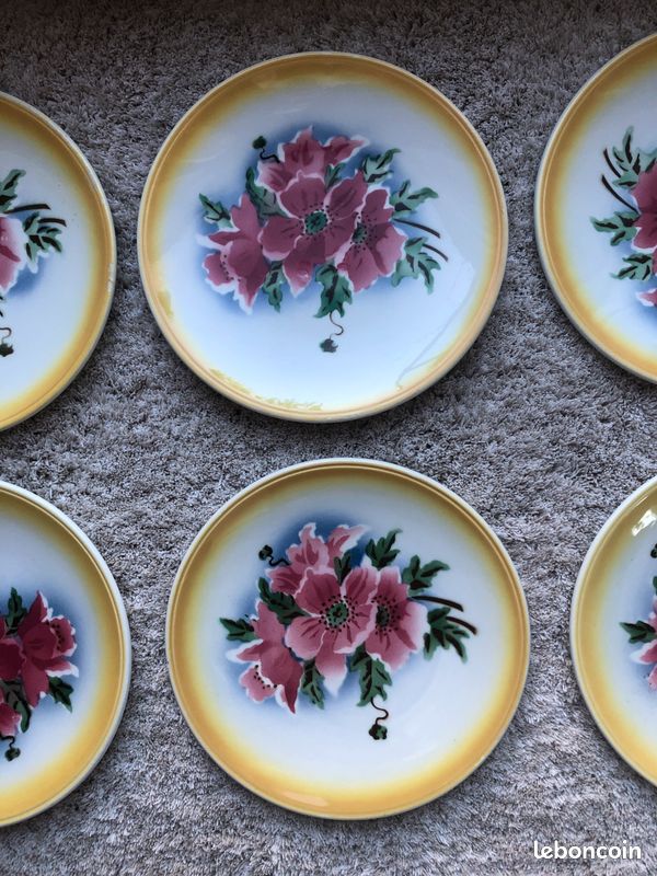 Lot De 6 Assiettes à Dessert Anciennes – Grès Peint Main – Motif Floral