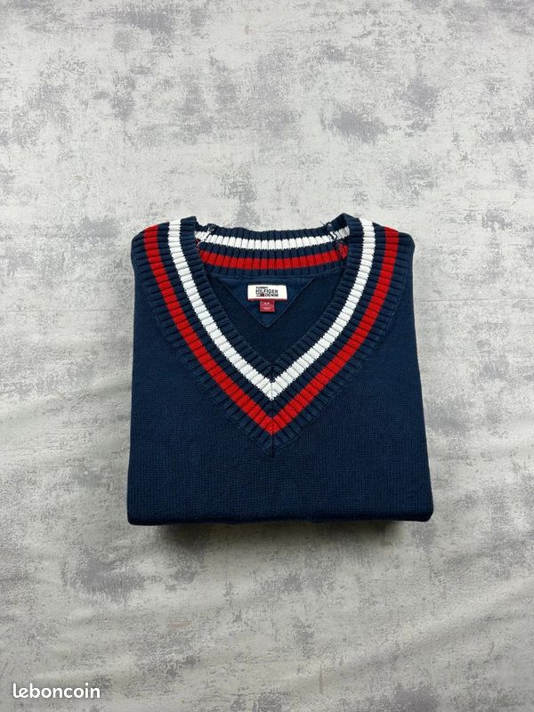 Pull col V Tommy Hilfiger denim preppy cricket 100% coton bleu marine Femme taille S coupe matière (image 1)