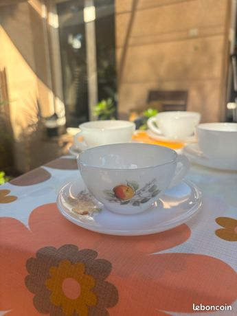 Lot De 6 Tasses Et Sous-tasses Arcopal Motif Fruits D'automne - Vaisselle Vintage Orange