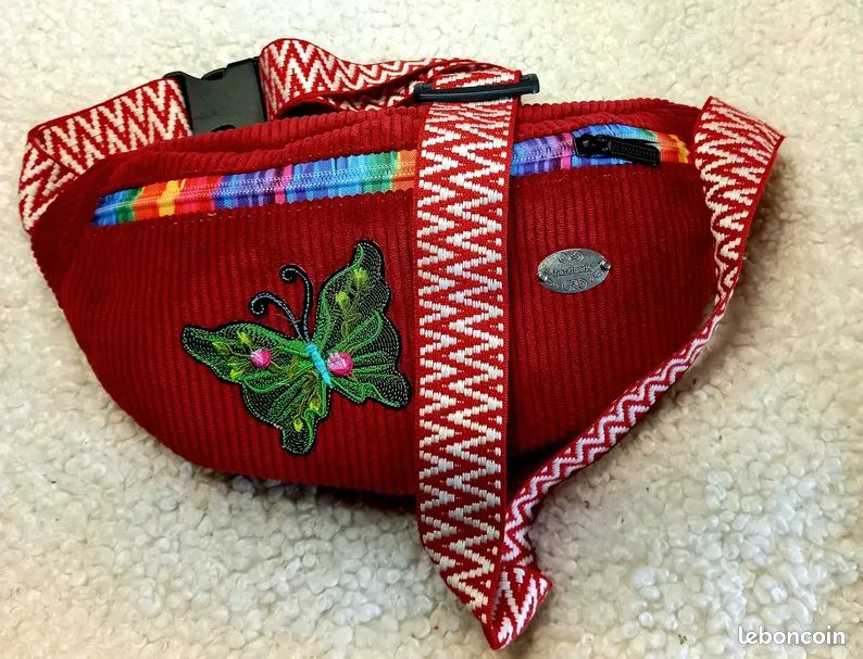 Sac banane femme velours côtelé épais rouge framboise, papillon, pratique pour randonnée, shopping (image 1)