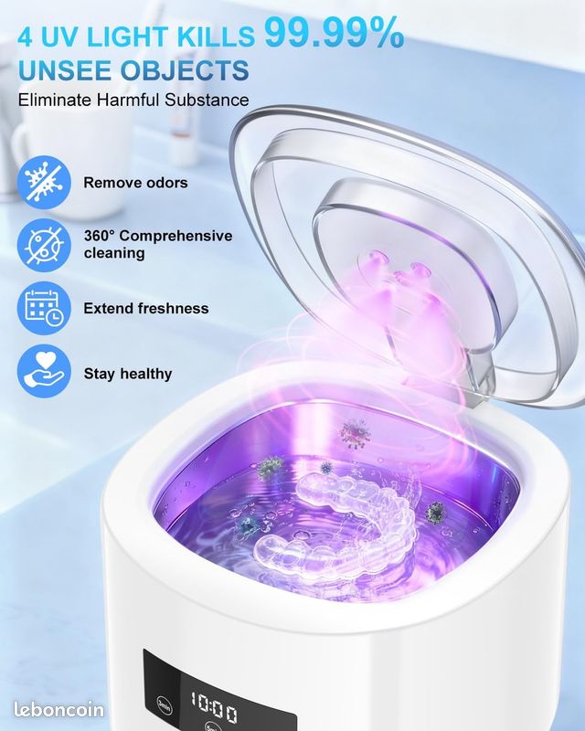 50000Hz Nettoyeur Ultrasons,Ultrasonic Cleaner avec 4 Lampe UV,3  Modes,Affichage numérique HD,230ML Portable Pod Dentaire pour  Prothèses,Gouttière Dentaire,Retainer,Bijoux,tête de brosse etc,Blanc