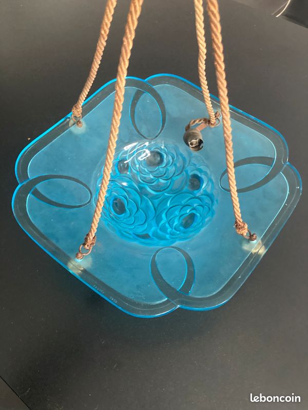Vends luminaire ancien lustre art déco en verre dépoli bleu signé Degué (image 10)