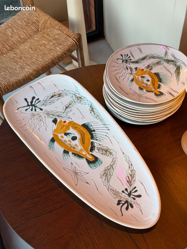 Lot De 6 Assiettes Céramique De Pornic MBFA – Motif Poissons – État Correct