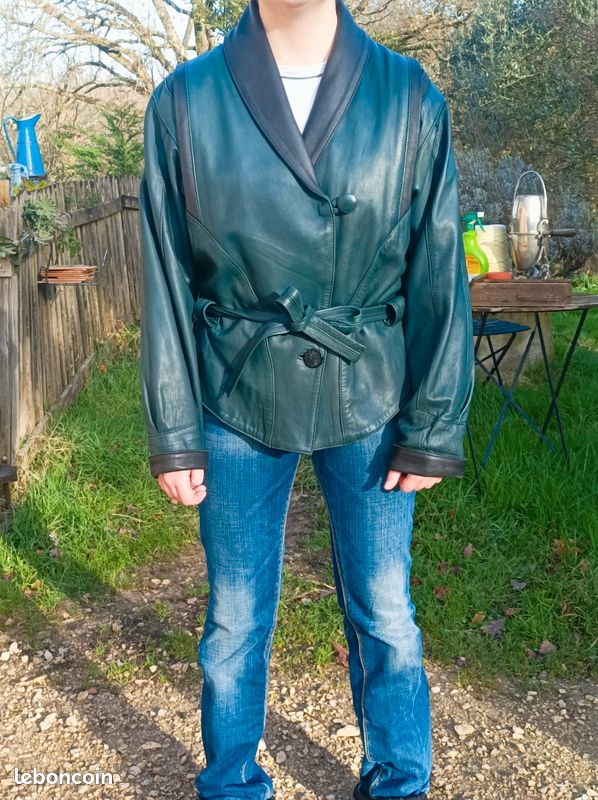 Blouson veste blazer cuir vert noir années 80 cintrée loose oversize ancien vintage (image 2)