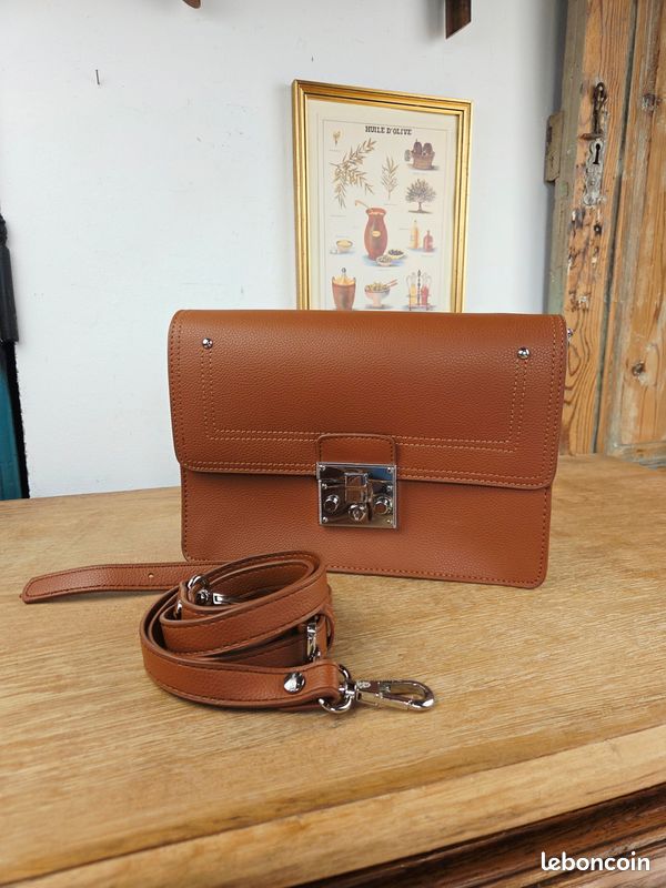 Sac à main façon cartable cuir marron cognac, marque Fuchsia, bon état (image 12)