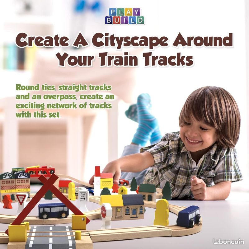 Play Build Ensemble De Train en Bois Enfant, Ensemble De Train Complet pour Tout-Petits, Ensemble De Jeu Et d'apprentissage Interactif De 100 Pièces, Conception Créative De Voie De Train Bois (image 5)