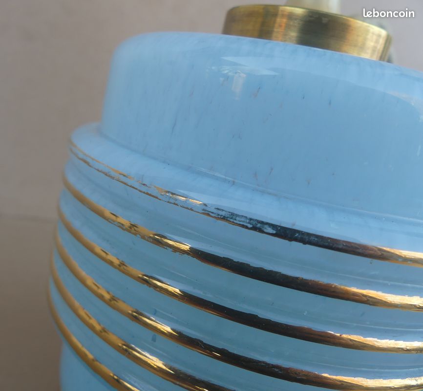 Lampe verre de Clichy bleu & boule blanche de bureau vintage luminaire ancien (image 5)