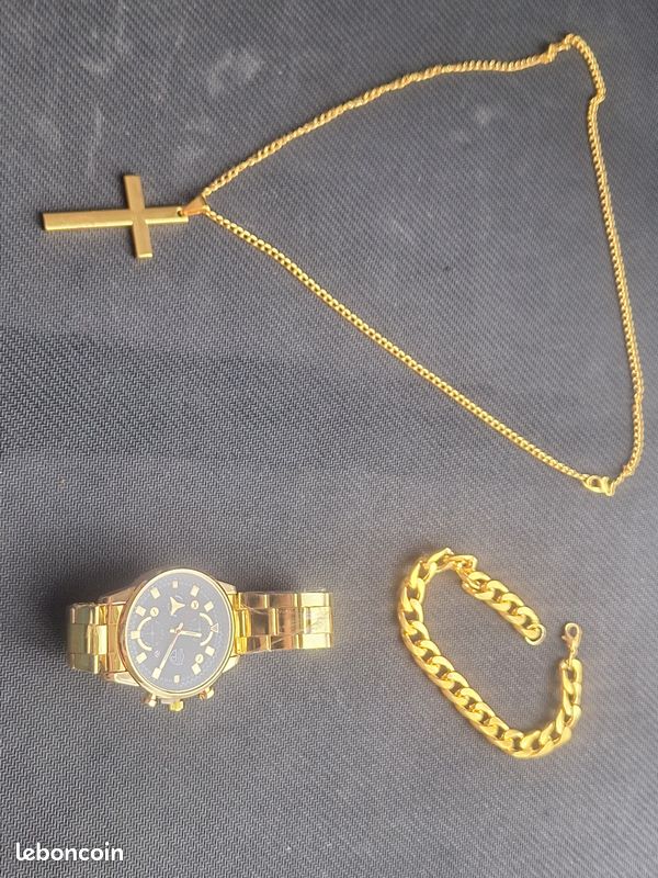 Ensemble doré de montre , collier en croix, bracelet (image 1)