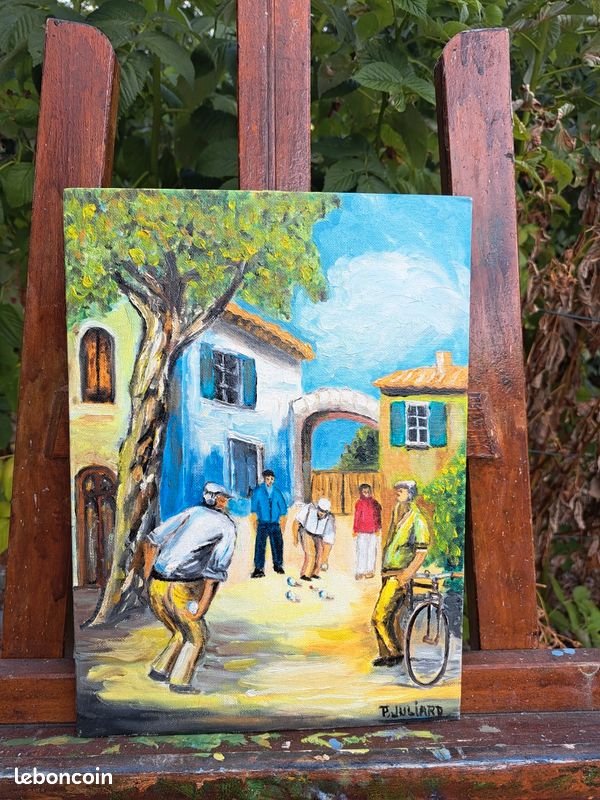 Peinture a l huile joueurs de boules 24 x 33 (image 2)