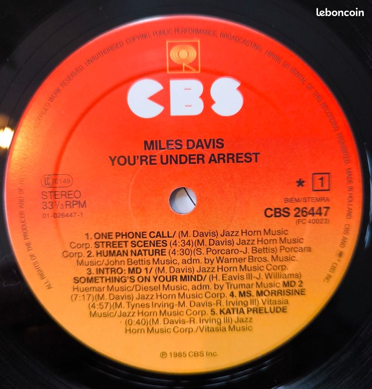 Miles Davis - You're Under Arrest album vinyle 1985 CBS Records CBS 26447 Parfait état (image 5)