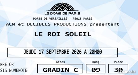 2 Places Le Roi Soleil - Paris - 17 Septembre - Carré Or (Côte à côte) (image 1)
