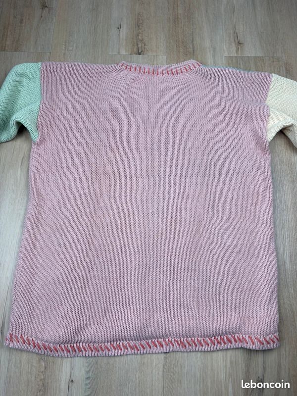 Pull vintage Etam Y2k S/M multicolore pastel brodé fleurs col V maille [0217] (image 6)