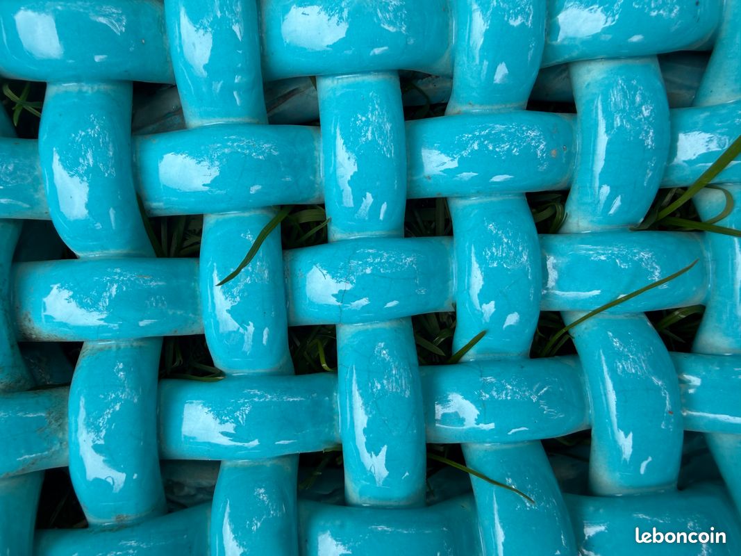 Grande coupe à fruits en céramique tressée turquoise Vallauris 50 Grande coupe à fruits en céramique tressée turquoise Vallauris 50