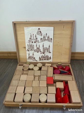 Jeu De Constructions Vintage Castelbloc – 44 Pièces En Bois, Boîte Ancienne