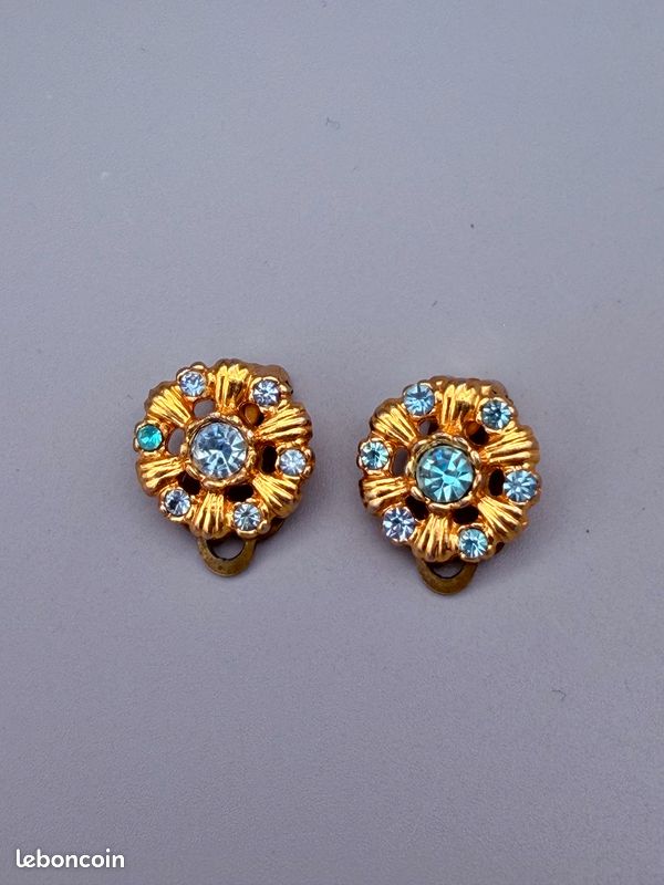 Boucles D'oreilles Clips Vintage - Métal Et Pierres Turquoises - Signées SAVINI PARIS - Rare