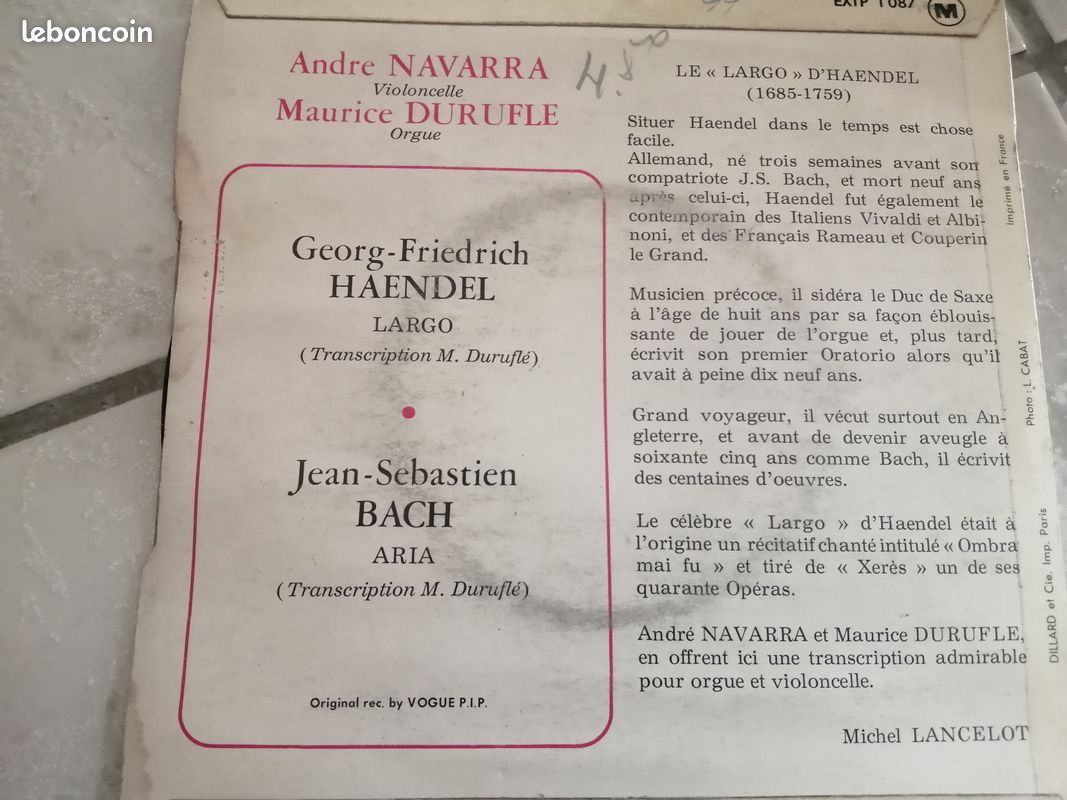 Vieux disque vinyle 45 tours - largo - g.f. Haendel - aria j.s.bach (image 2)