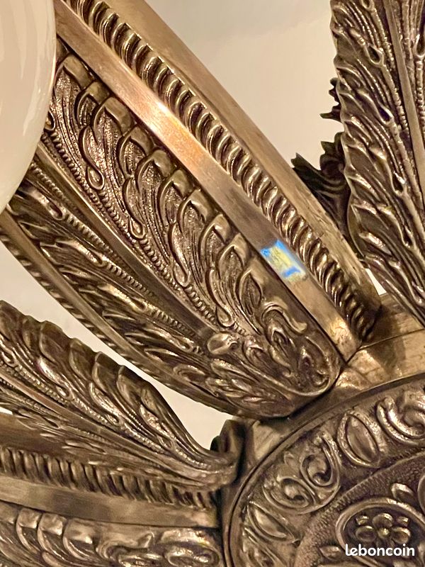 Lustre Français Art Nouveau/Déco 6 Bras - Argenté - Verre Et Laiton - Années 50