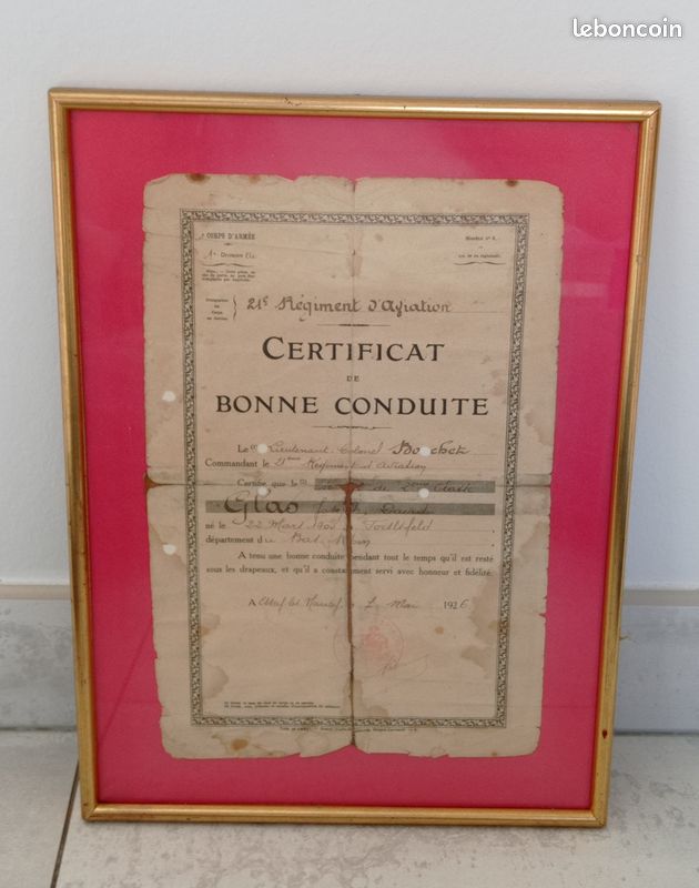 Ancien Pas courant Certificat de Bonne Conduite 21 Régiment d'Aviation sous cadre Décerné le 21 mai 1926 - Récipiendaire de Forstfeld en Alsace (image 1)