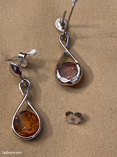 Neuf : Parure collier pendentif + boucle d'oreilles Argent 925/1000 + Ambre (PAR5) (image 10)