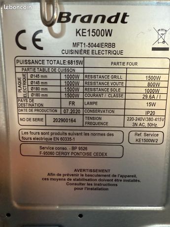 Cuisinière mixte BRANDT (gaz+électrique - Électroménager
