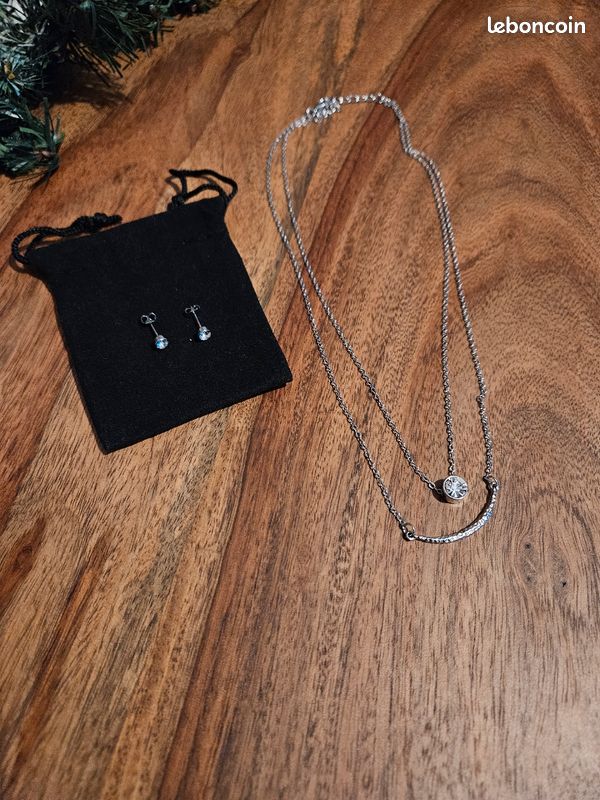 Parure collier double rang et boucles d'oreilles argentées sans nickel (image 2)