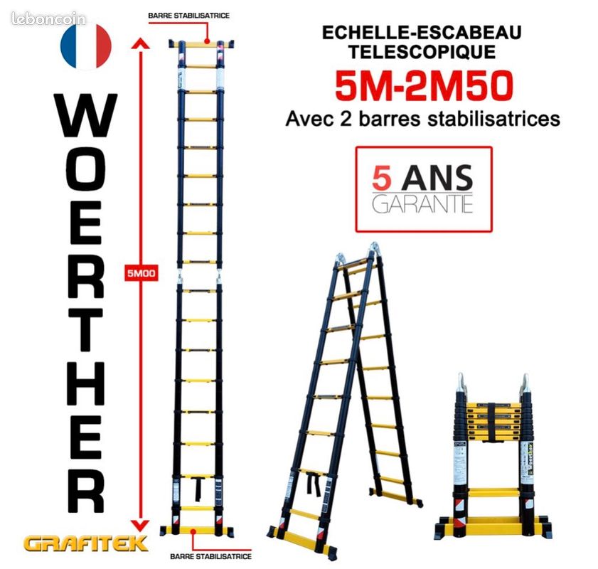 Escabeau télescopique échelle Woerther double fonctions taille 5m00-2m50- Garantie 5 ans-Qualité supérieure / N°1 en France- Promotion 279 Euros au lieu de 370 Euros - échelle pliante, escabeau pliant (image 1)