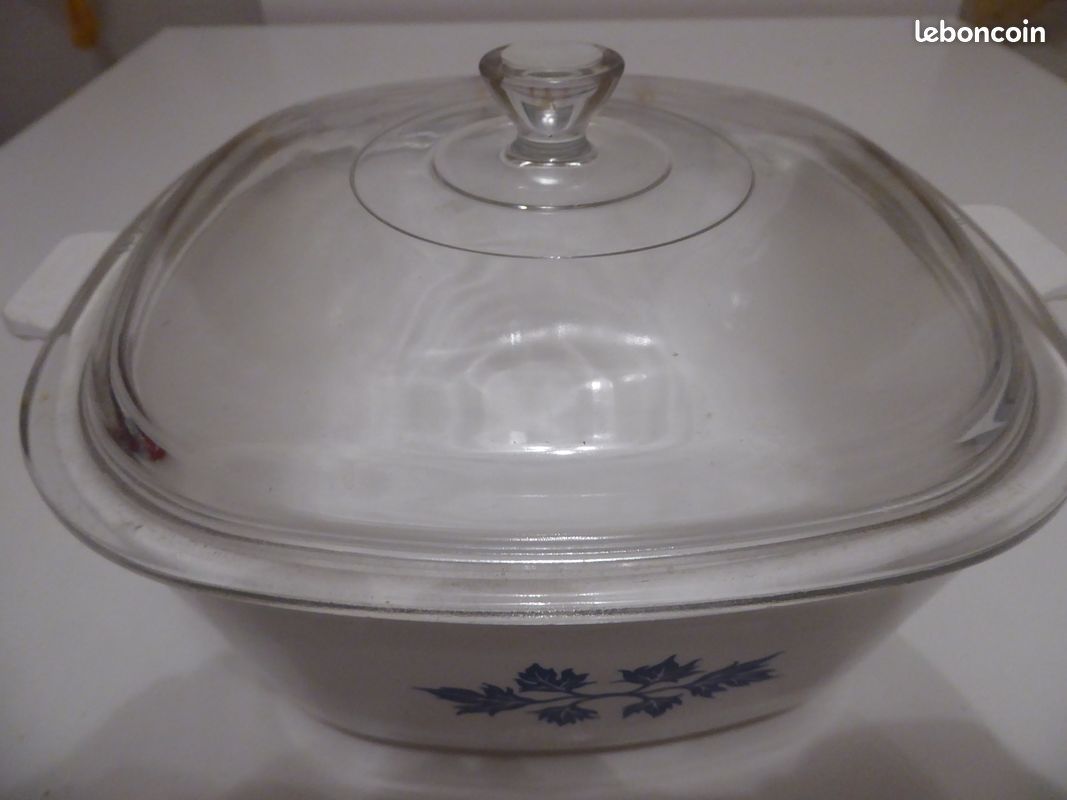 Cocotte Ancienne Pyroflam Electro PE 4B – 2,5 L – Verre Blanc/bleu Avec Couvercle – Vintage