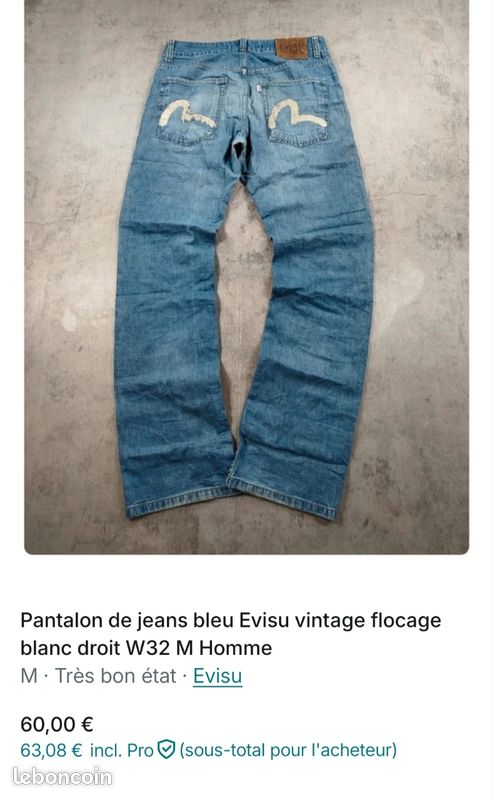 Jean EVISU Y2K Brodé Dos Blanc - Taille FR40, 100% Coton, Occasion Très Bon état