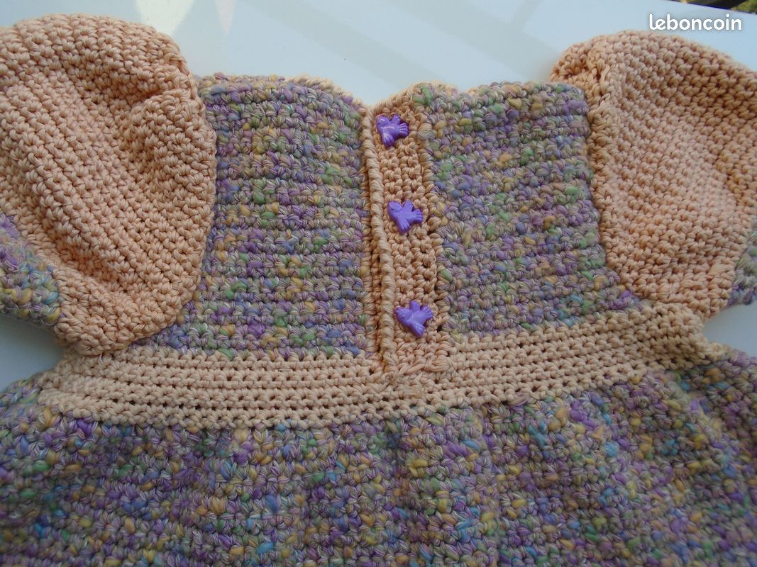 Robe été 2 ans, coton chiné lavande/rose/ saumon et saumon uni, manches ballon,NINITRICOTINE (image 6)
