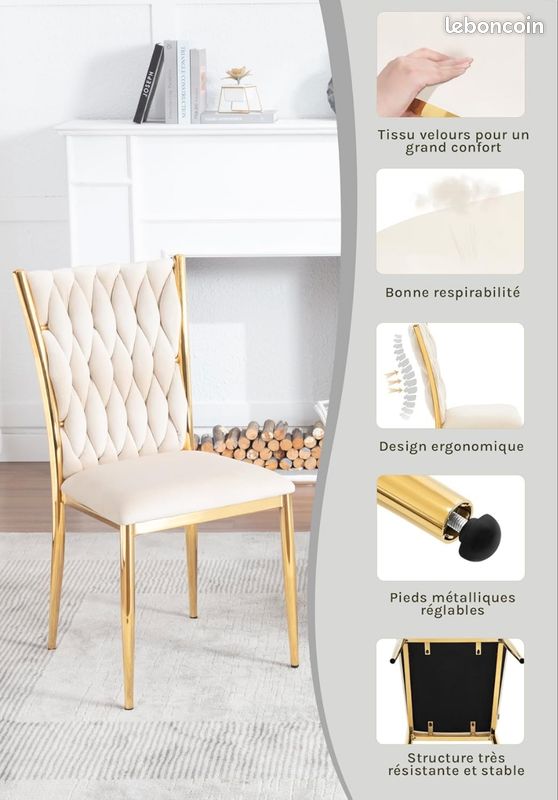 Lot de deux X2 Chaises de salon/ salle à manger en Velours - style moderne, ergonomique couleur doré (image 3)