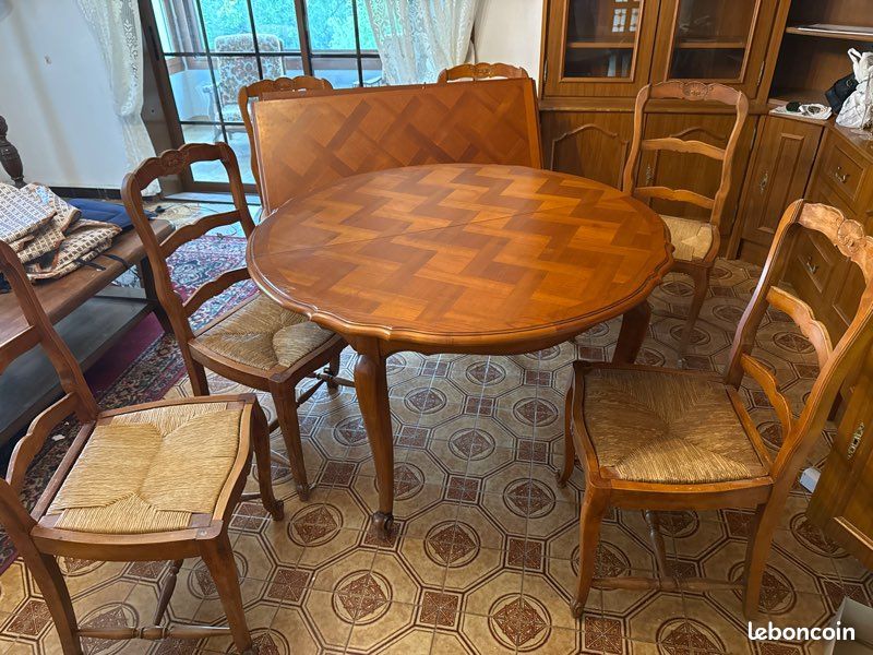 Table ronde extensible avec rallonge + 6 chaises stables en bois et paille (image 1)