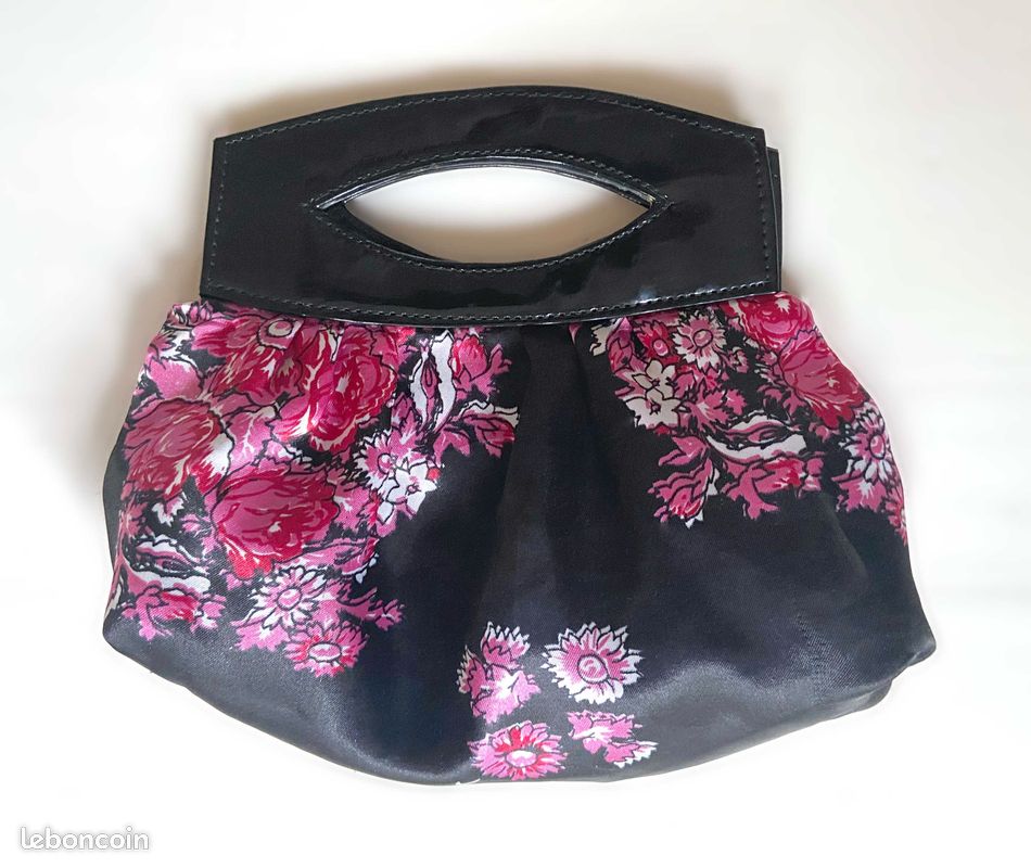 Petit sac pochette satin noir fleurs roses Kenzo© vintage (image 2)