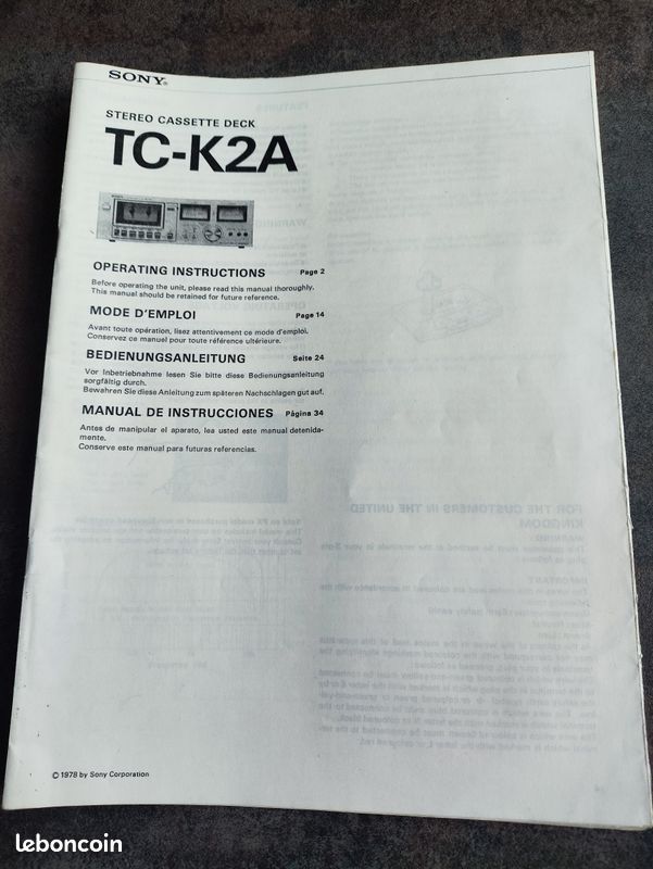 Pièces Platine Cassette SONY TC-K4A - Provenant D'une Unité Fonctionnelle