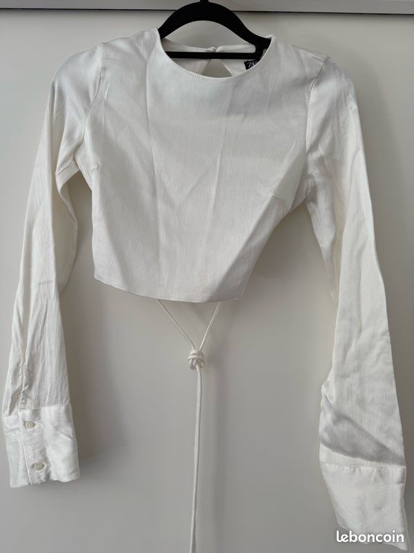 🤍 Zara Top Crop Dos Lacé XS Écru Manches Longues Chic Y2K Femme (image 2)