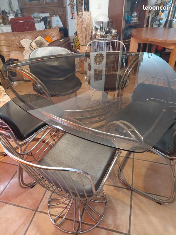 Ensemble Table + 3 Chaises Vintage - Gastone Rinaldi - Design Années 70 - Métal Argenté