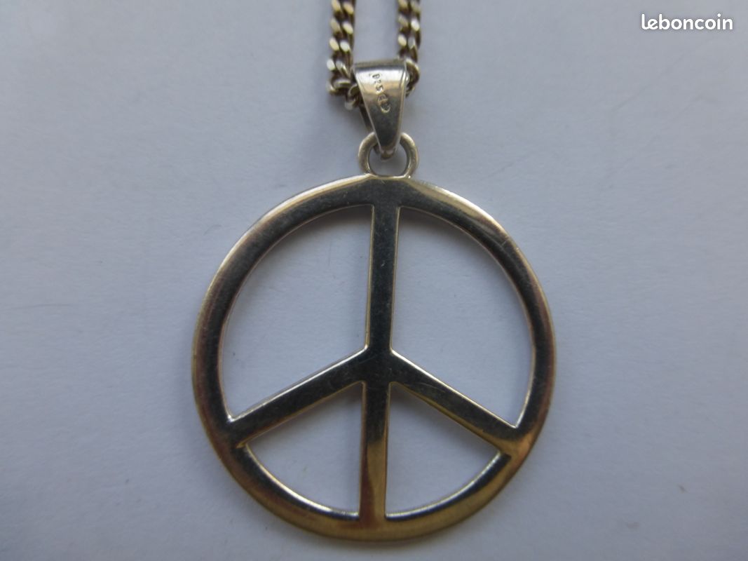 Gros collier peace and love argent 925 3 poinçons 8,08gr tbé : chaine 45cm maille gourmette de 2mm, pendentif diamètre 2,1cm (image 3)