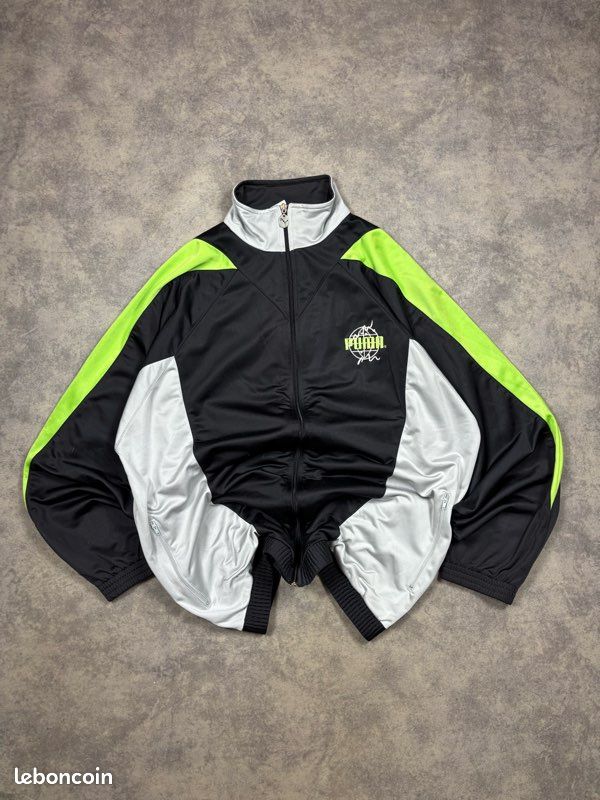 Veste Puma vintage 80s noir/vert coupe large logo brodé dos - XXL (image 2)