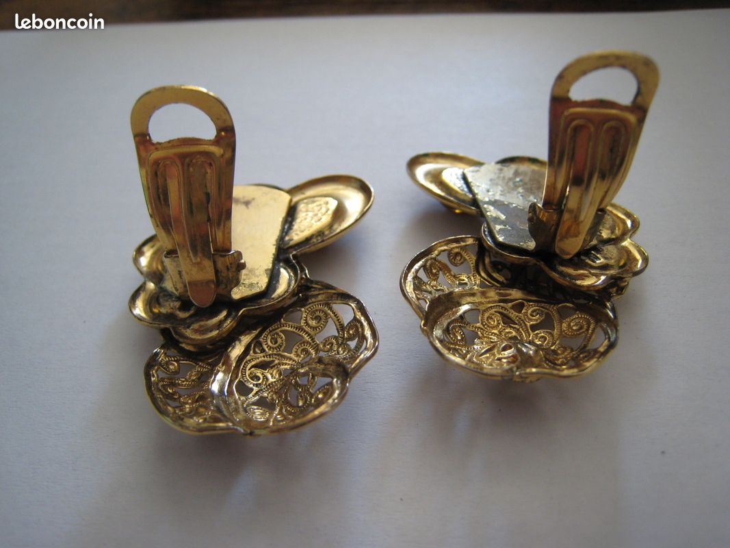 Boucles D'Oreilles Vintage En Métal Doré - Occasion - Bijou Rétro