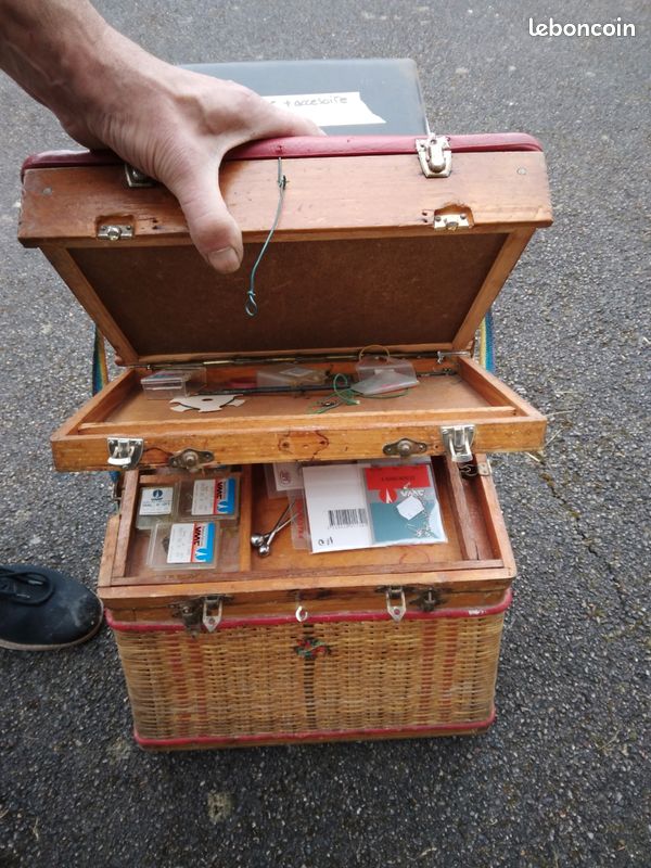 Panier De Pêche Créel Ancien - Osier Et Cuir - Pêche à La Mouche - Vintage US