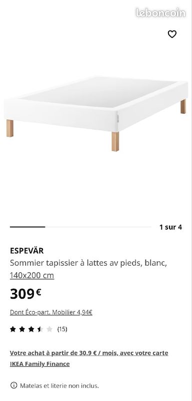 ESPEVÄR Sommier tapissier à lattes av pieds, blanc, 140x200 cm neuf sous emballage (image 1)