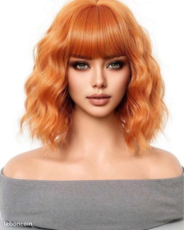 Perruque Synthétique Courte Rousse Orange Bouclée Avec Frange - Inclut 4 Bonnets