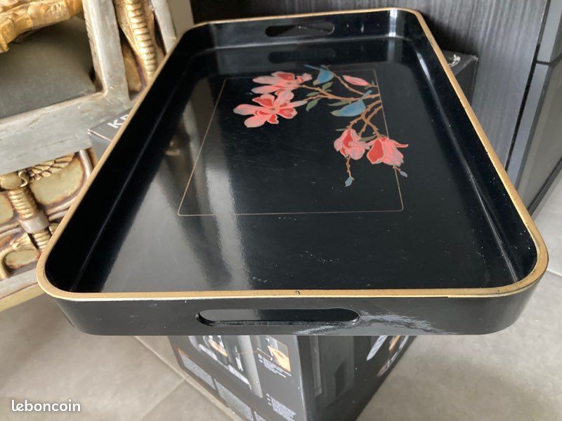 Plateau Laqué Noir Japonisant Années 20 - Décor Oiseaux - 35x60cm - Antiquité