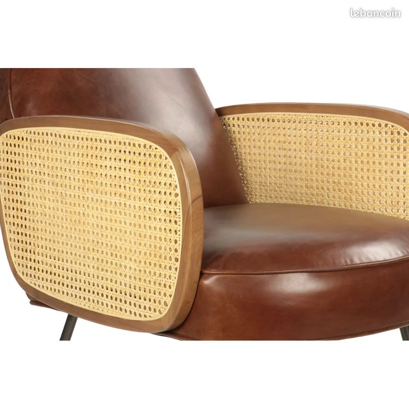 Fauteuil Club Design en cuir Marron et Côté en Cannage - Decoduweb (image 2)