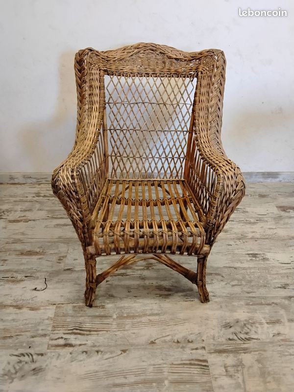 Fauteuil Vintage En Rotin Et Satin Vert - Superbe état - Style Rétro Années 70