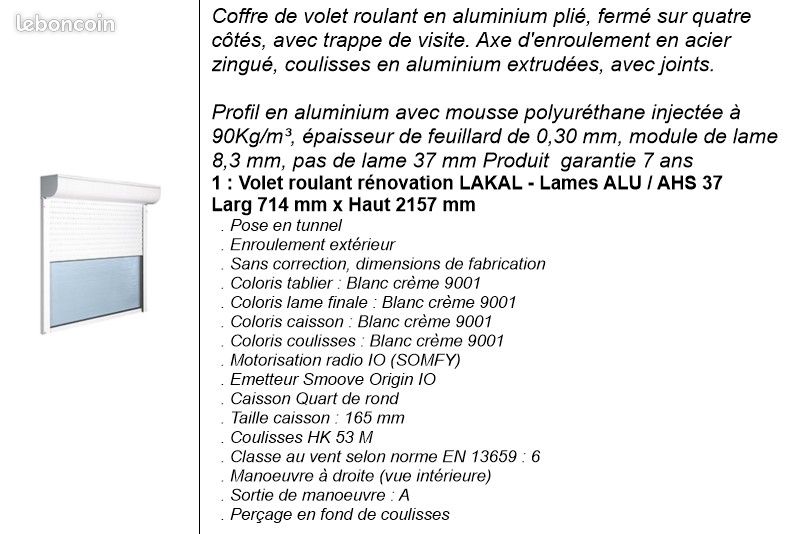 Volet roulant rénovation complet Lakal AHS 37 714 x 2157 mm / RAL 9001 / motorisé Somfy IO (image 1)