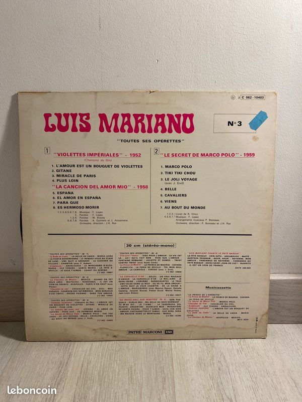 33 Tours - Luis Mariano - Toutes ses opérettes - numéro 3 (image 2)