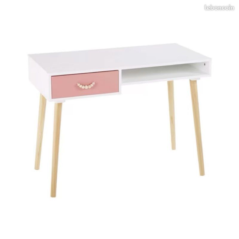 Bureau vintage 1 tiroir rose corail et blanc avec chaise de bureau - Maisons du monde (image 3)