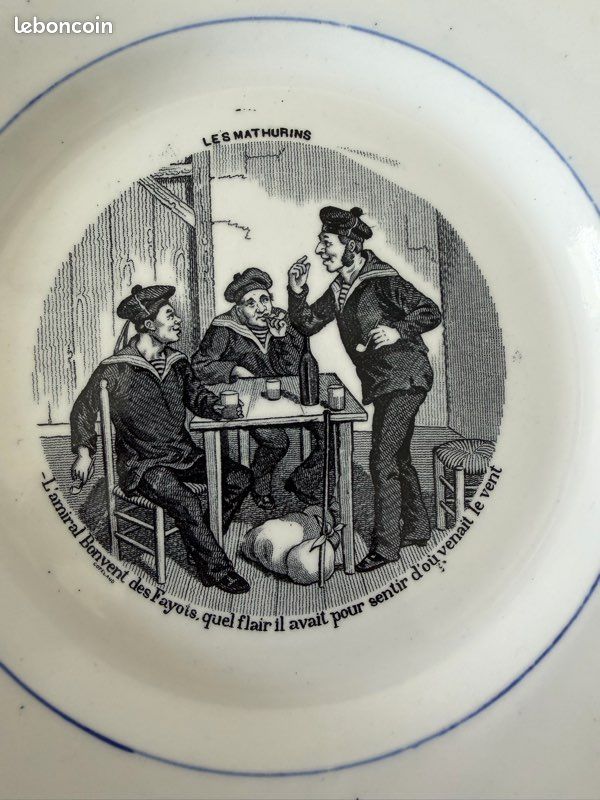 Lot de 6 assiettes anciennes Gien « Les Mathurins » – Faïence humoristique (image 5)