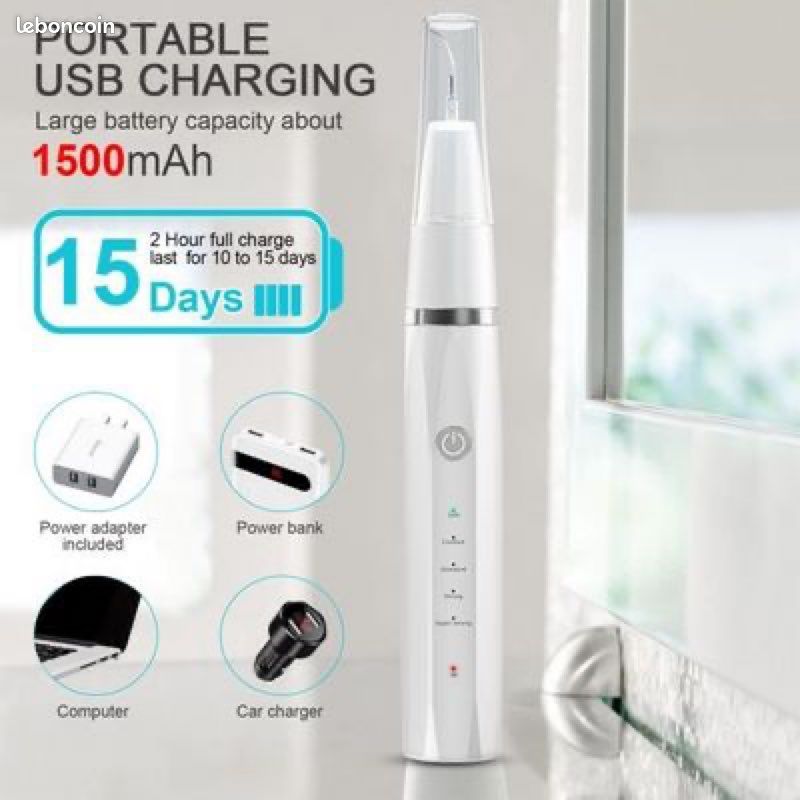 Detartreur Dentaire Ultrason Kit Detartrage Électrique avec 5 Modes 3 Têtes De Nettoyage Outils (image 3)