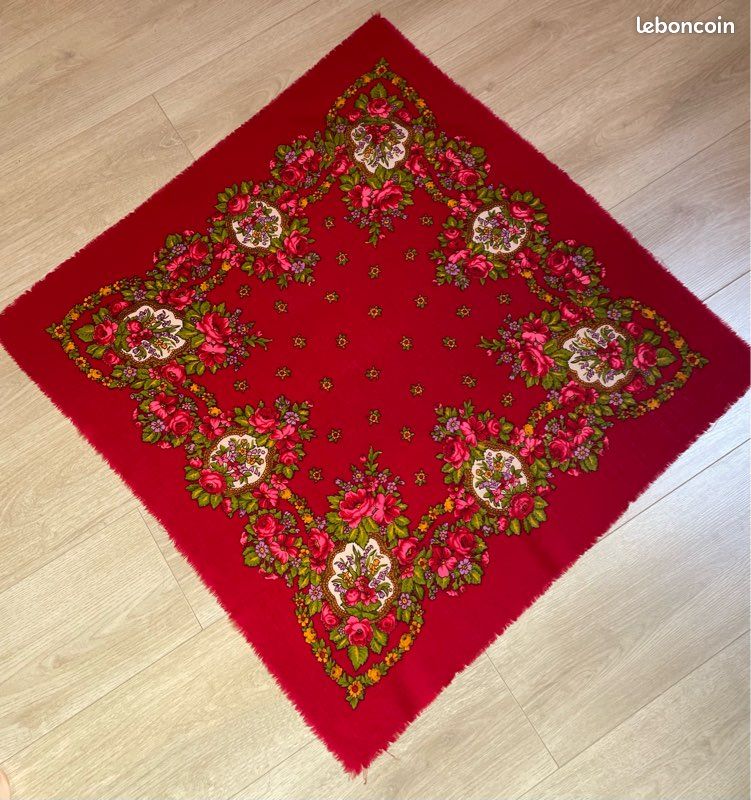 Châle Carré Traditionnel Ukrainien Vintage - Laine Avec Pompons - Motif Floral Multicolore - Neuf
